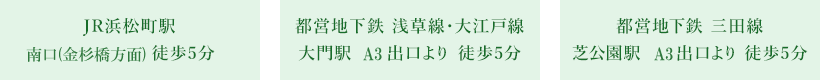 JR浜松町駅金杉橋口より 徒歩5分 都営地下鉄 浅草線・大江戸線 大門駅 3番出口より 徒歩5分 都営地下鉄 三田線芝公園駅 3番出口より 徒歩5分